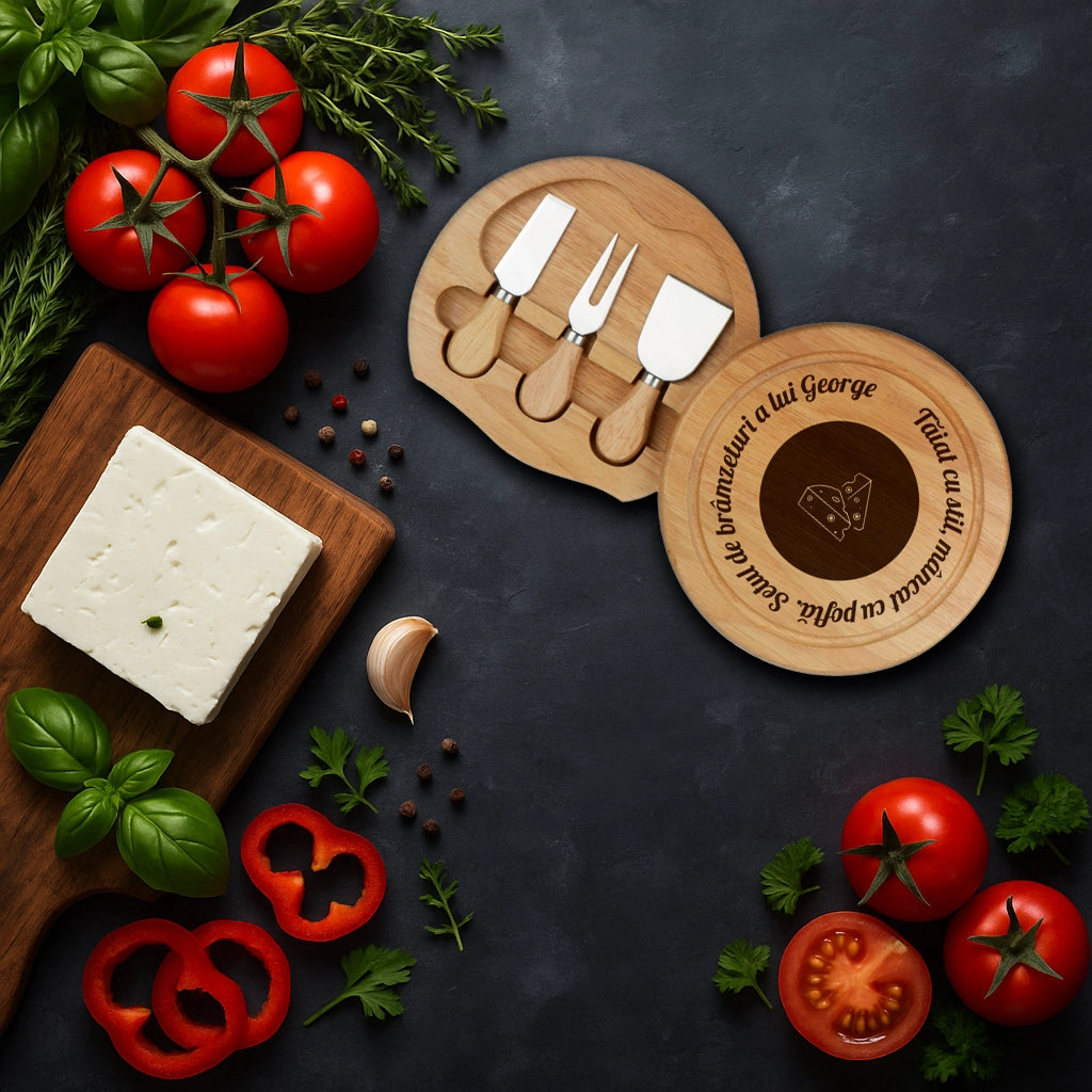 Set pentru branzeturi rotund personalizat cu mesaj Taiat cu stil