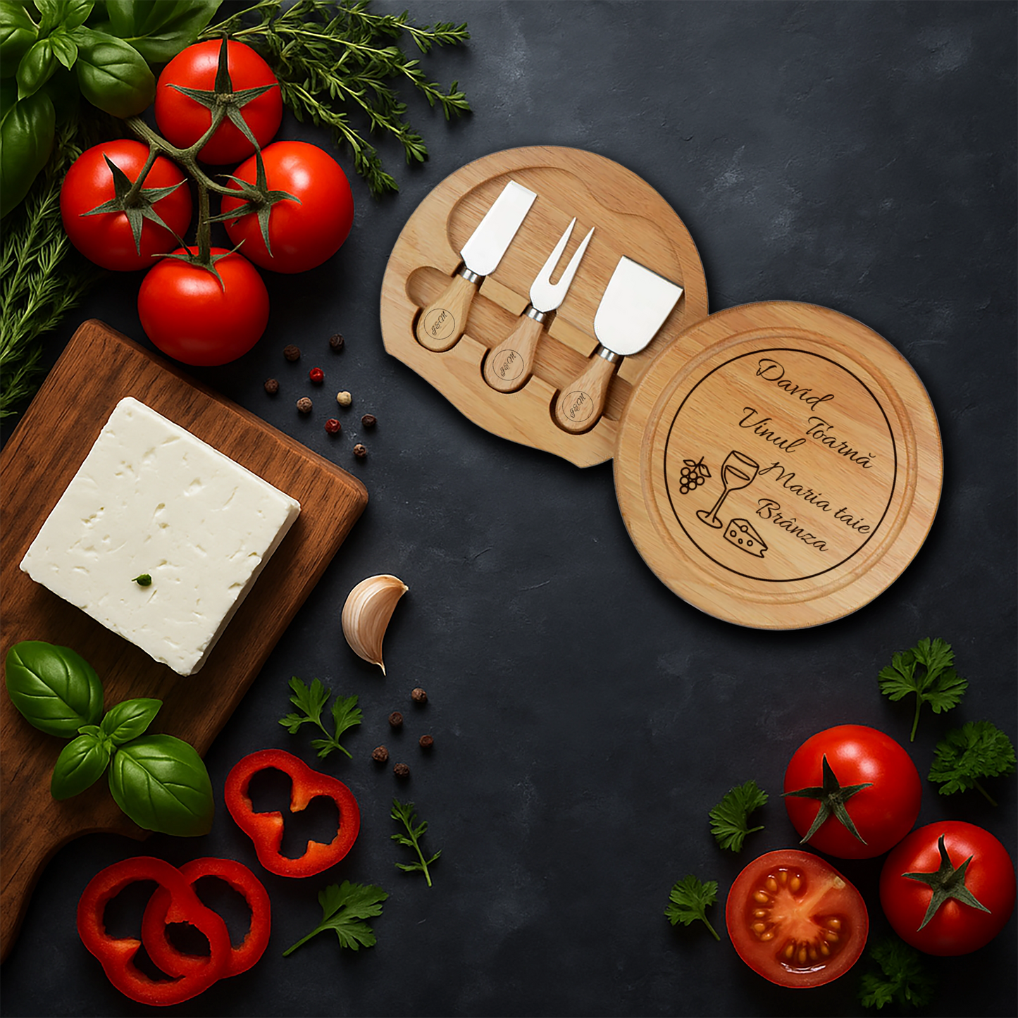 Set pentru branzeturi rotund personalizat - Tu cu Vinul, Eu cu Branza