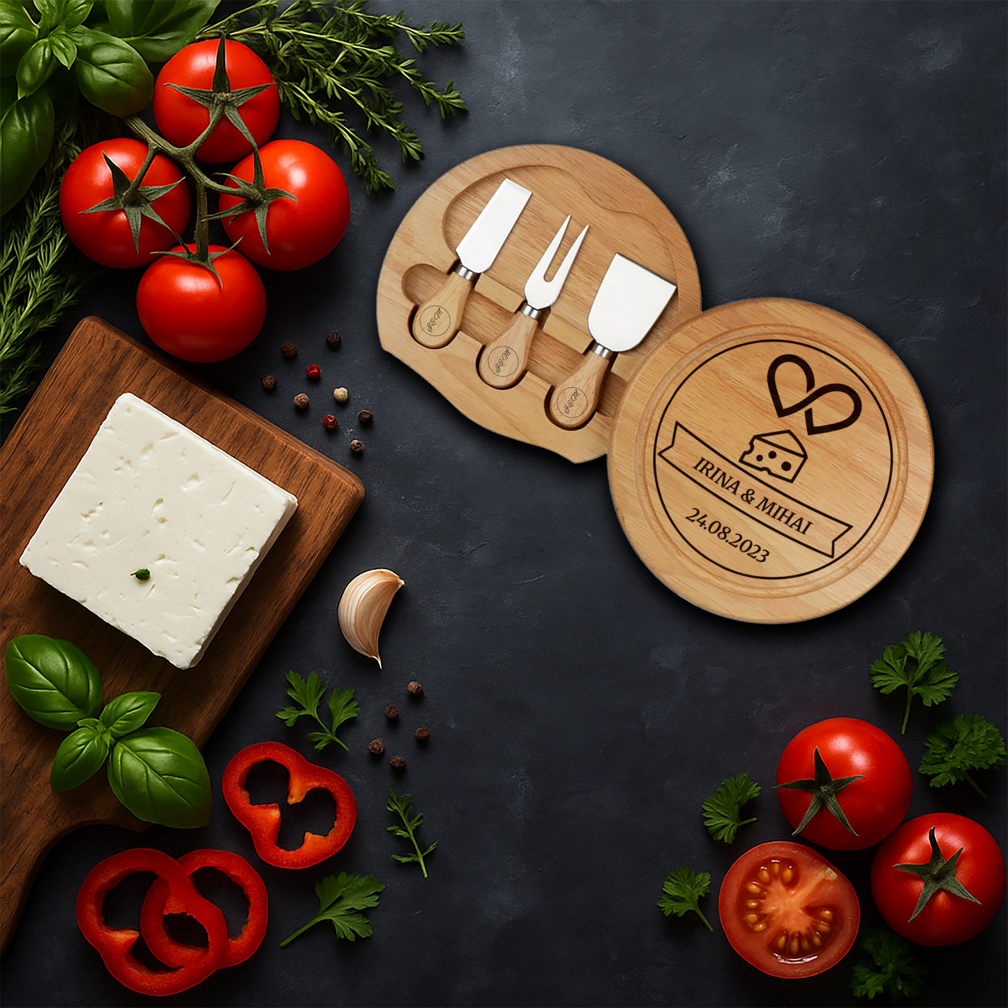 Set pentru branzeturi rotund personalizat - Inimi si Gusturi