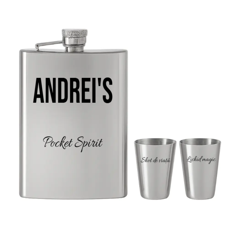 Set Sticla de buzunar + pahare din inox personalizata cu text