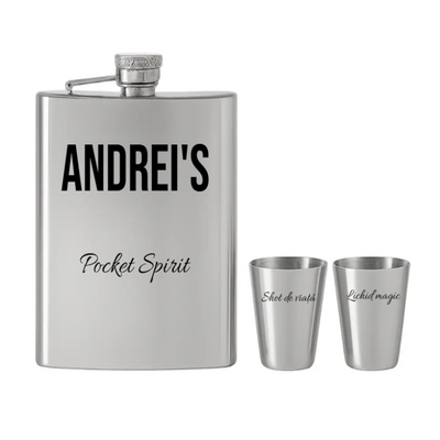 Set Sticla de buzunar + pahare din inox personalizata cu text