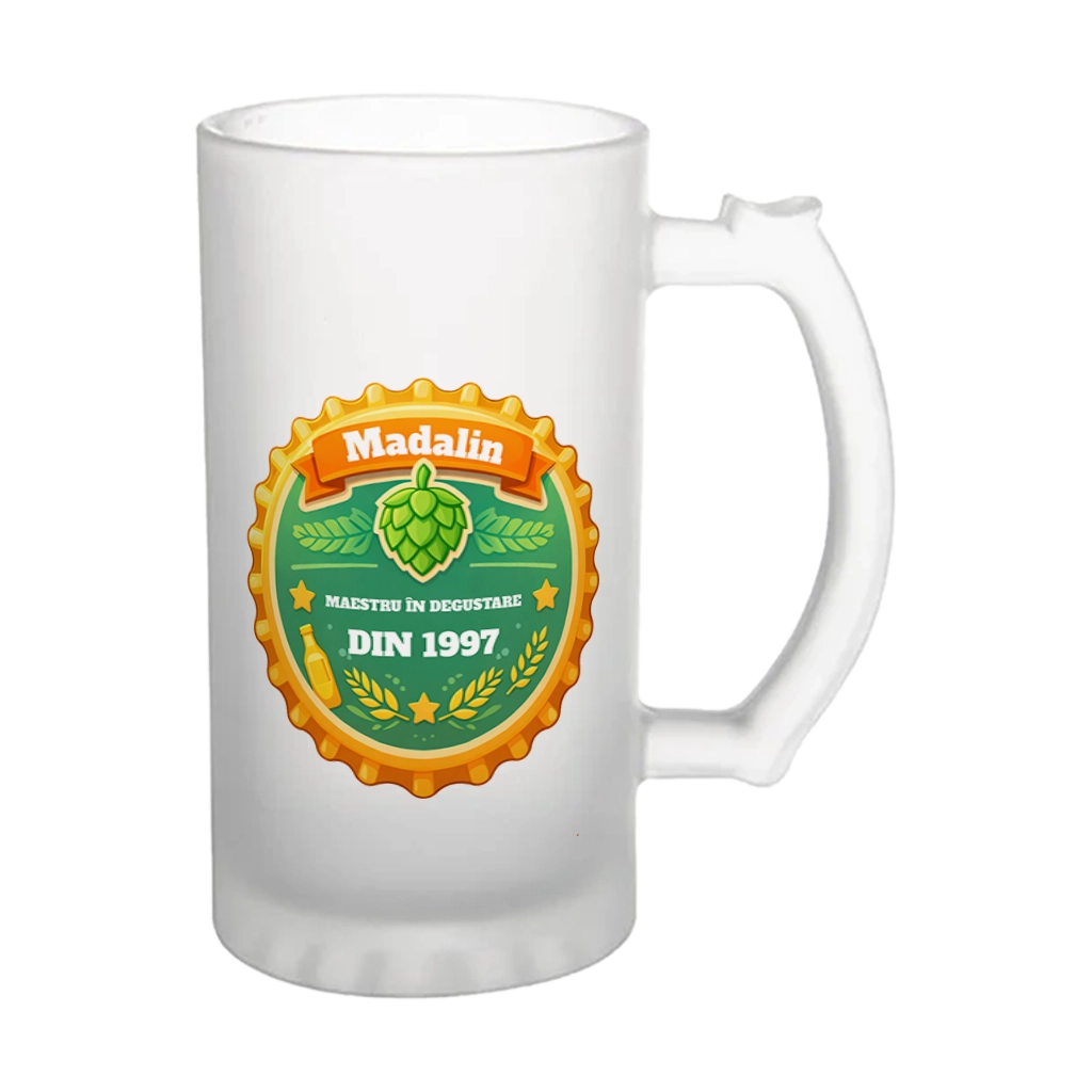 Halba de bere personalizata cu nume – Model emblema