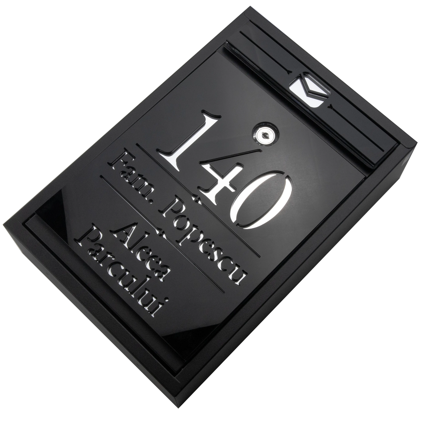 Cutie postala personalizata cu adresa + numele de familie – Negru/Argintiu Oglinda