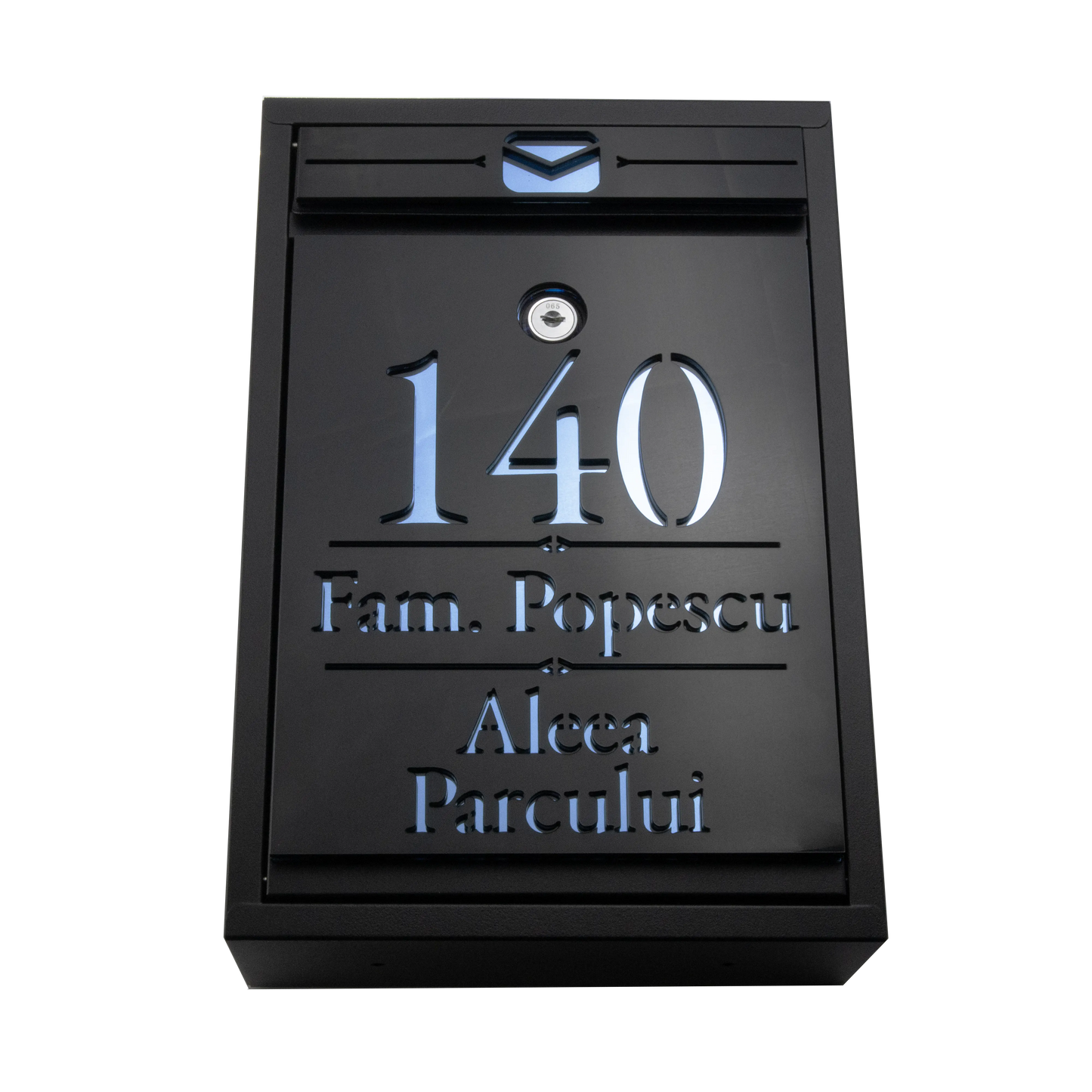 Cutie postala personalizata cu adresa + numele de familie – Negru/Aqua Blue Oglinda