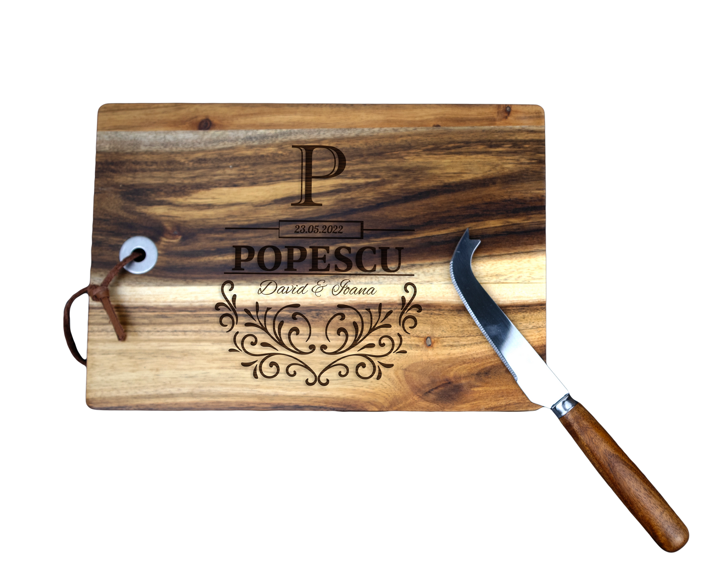 Tocator din lemn Acacia pentru branzeturi personalizat - Nume Cuplu