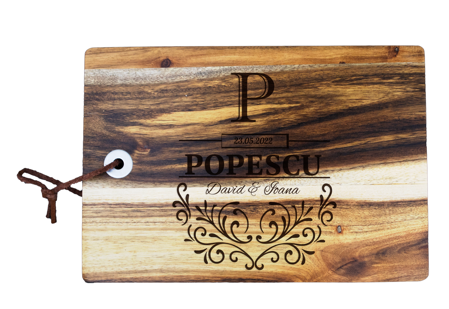 Tocator din lemn Acacia pentru branzeturi personalizat - Nume Cuplu