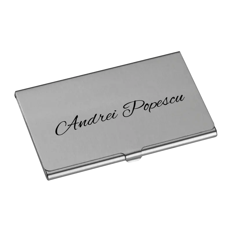 Port card metalic personalizat cu text
