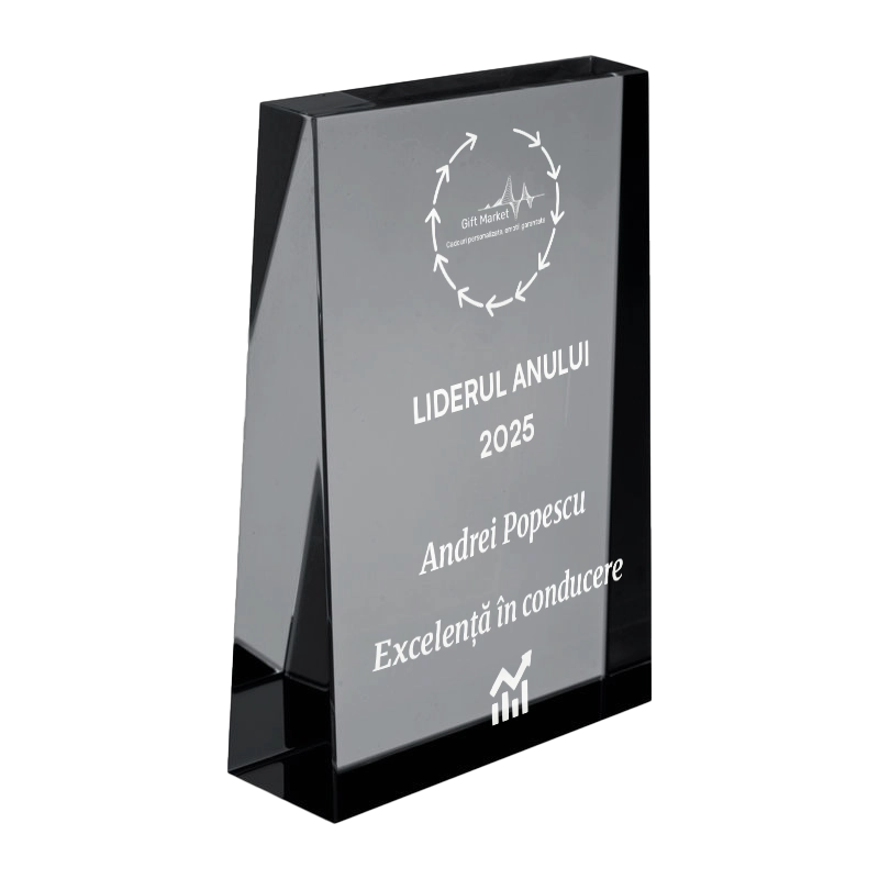Trofeu din sticla 6,4 × 2 × 9 cm personalizat – Liderul anului