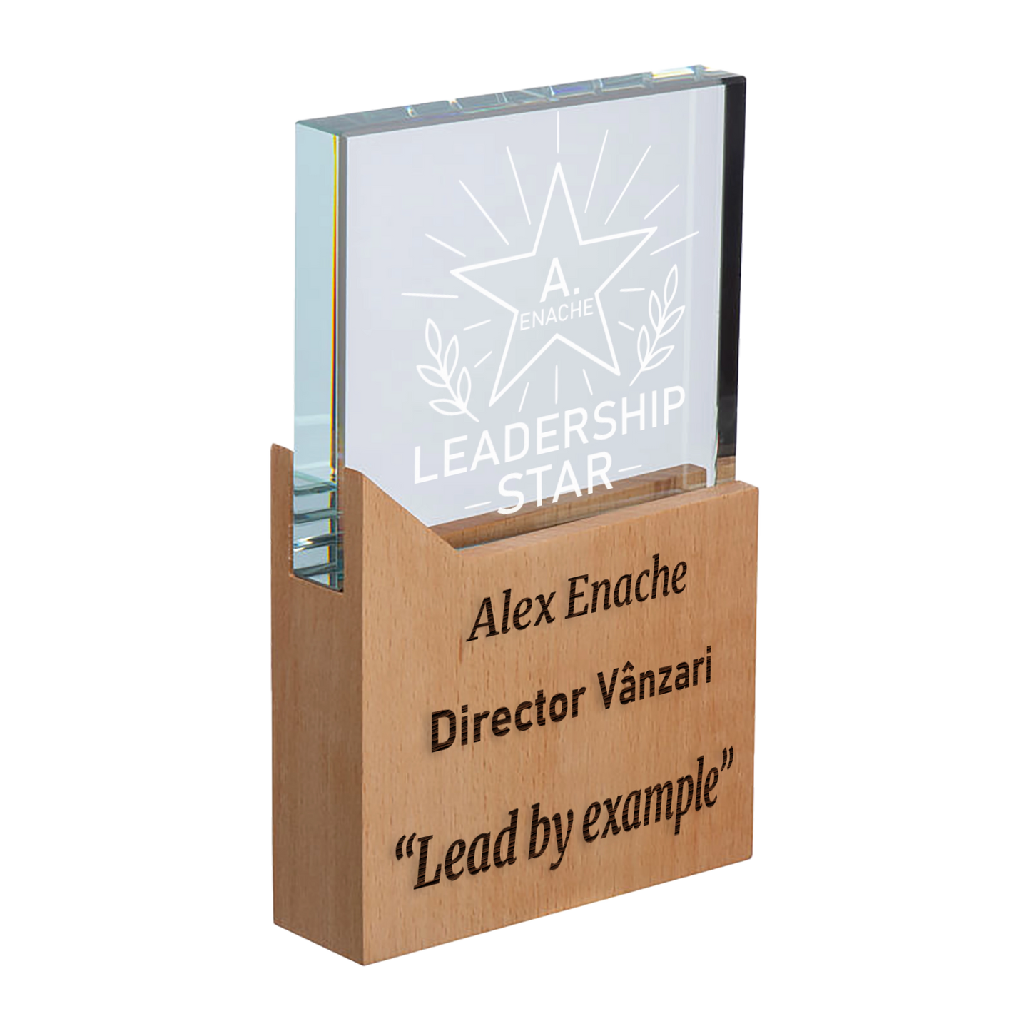 Trofeu cu baza din lemn personalizat - Leadership Star