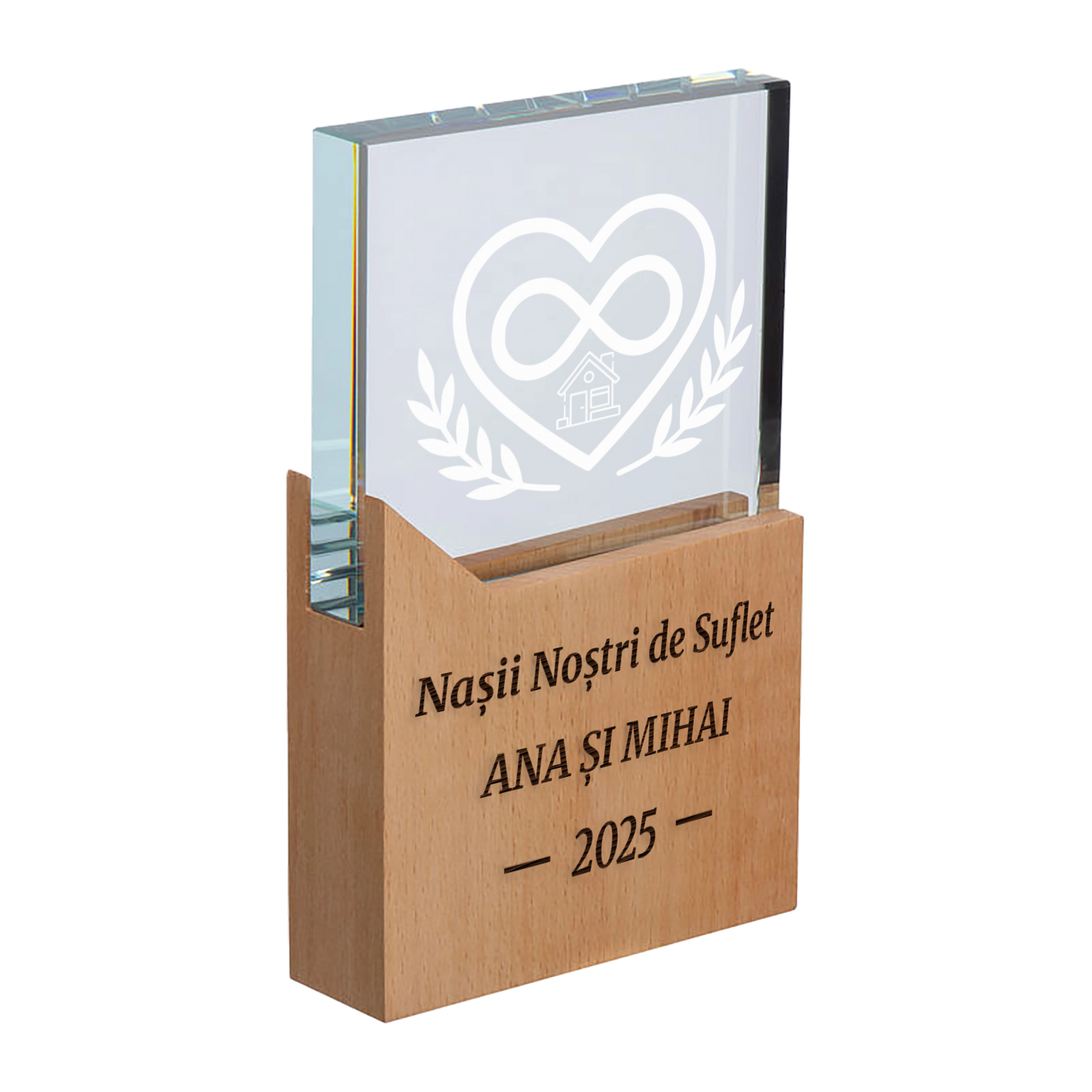 Trofeu cu baza din lemn personalizat - Nasii de suflet