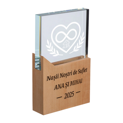 Trofeu cu baza din lemn personalizat - Nasii de suflet
