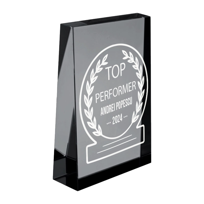 Trofeu din sticla 6,4 × 2 × 9 cm personalizat – Top Performer