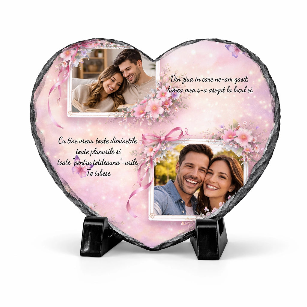 Placa ardezie in forma de inima personalizata cu 2 poze si mesaj - 8 martie