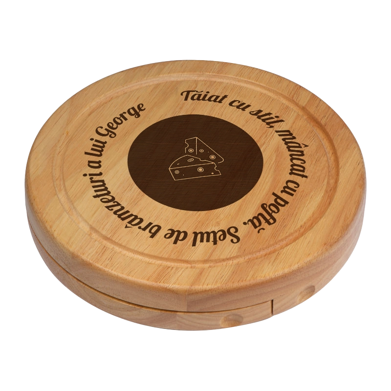 Set pentru branzeturi rotund personalizat cu mesaj Taiat cu stil