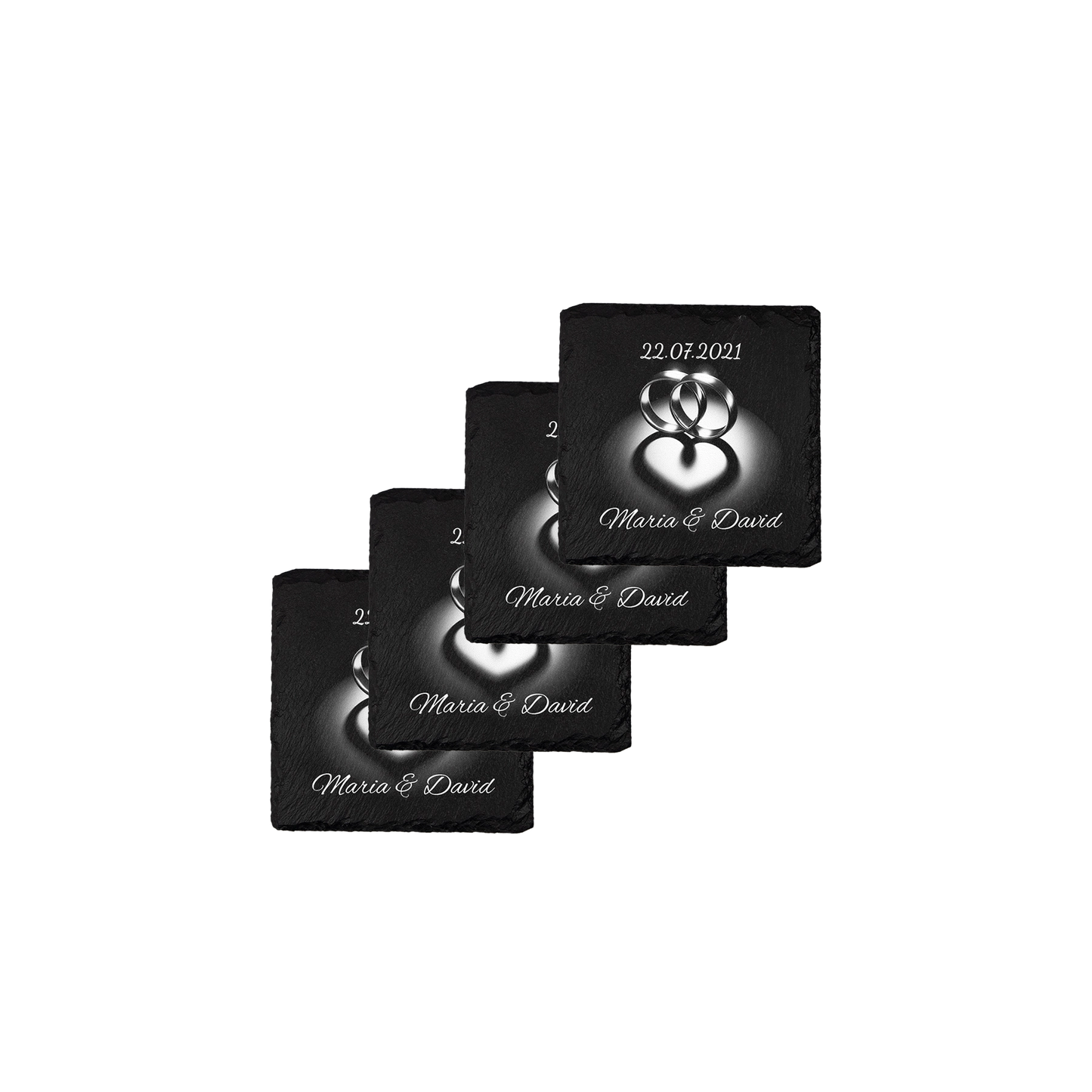 Set coastere patrate din ardezie personalizate - Heart Rings