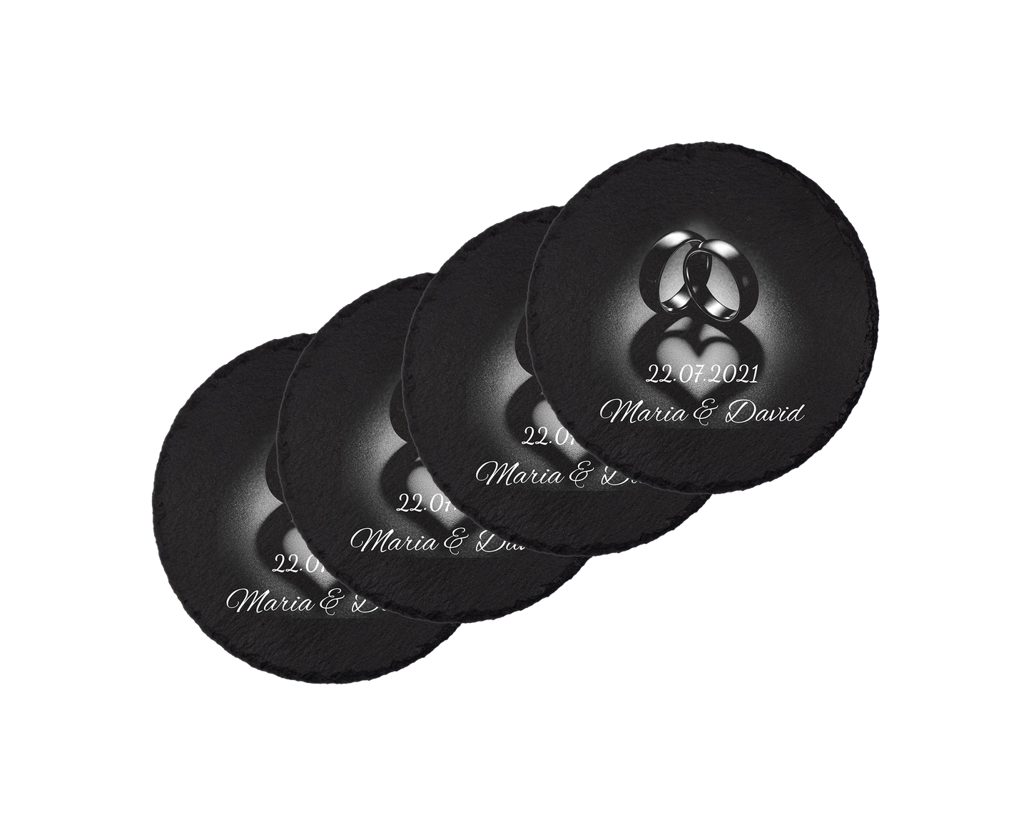 Set coastere rotunde din ardezie personalizate - Heart Rings