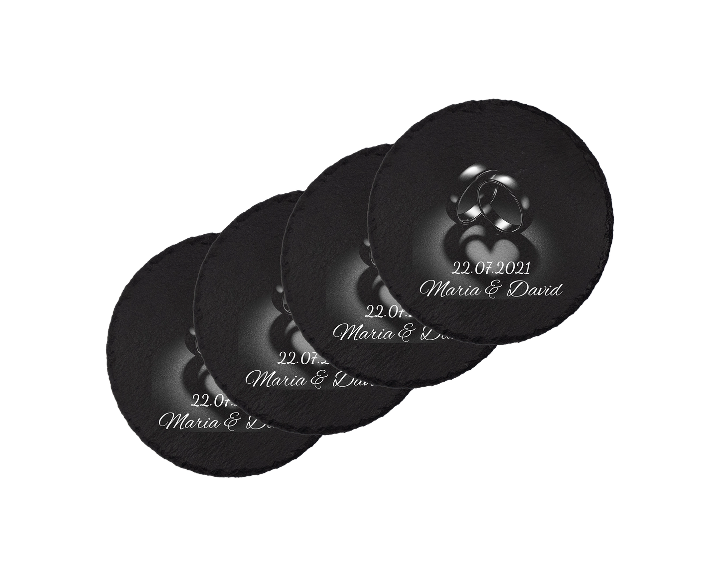 Set coastere rotunde din ardezie personalizate - Heart Rings