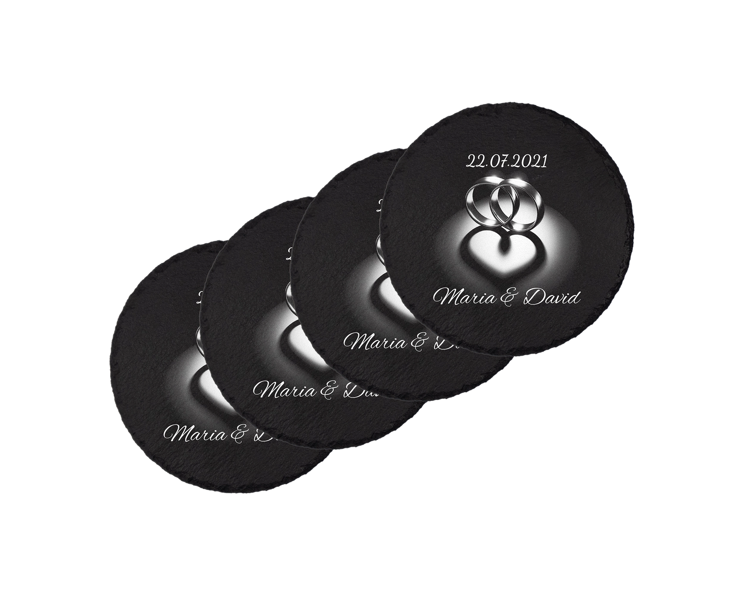 Set coastere rotunde din ardezie personalizate - Heart Rings