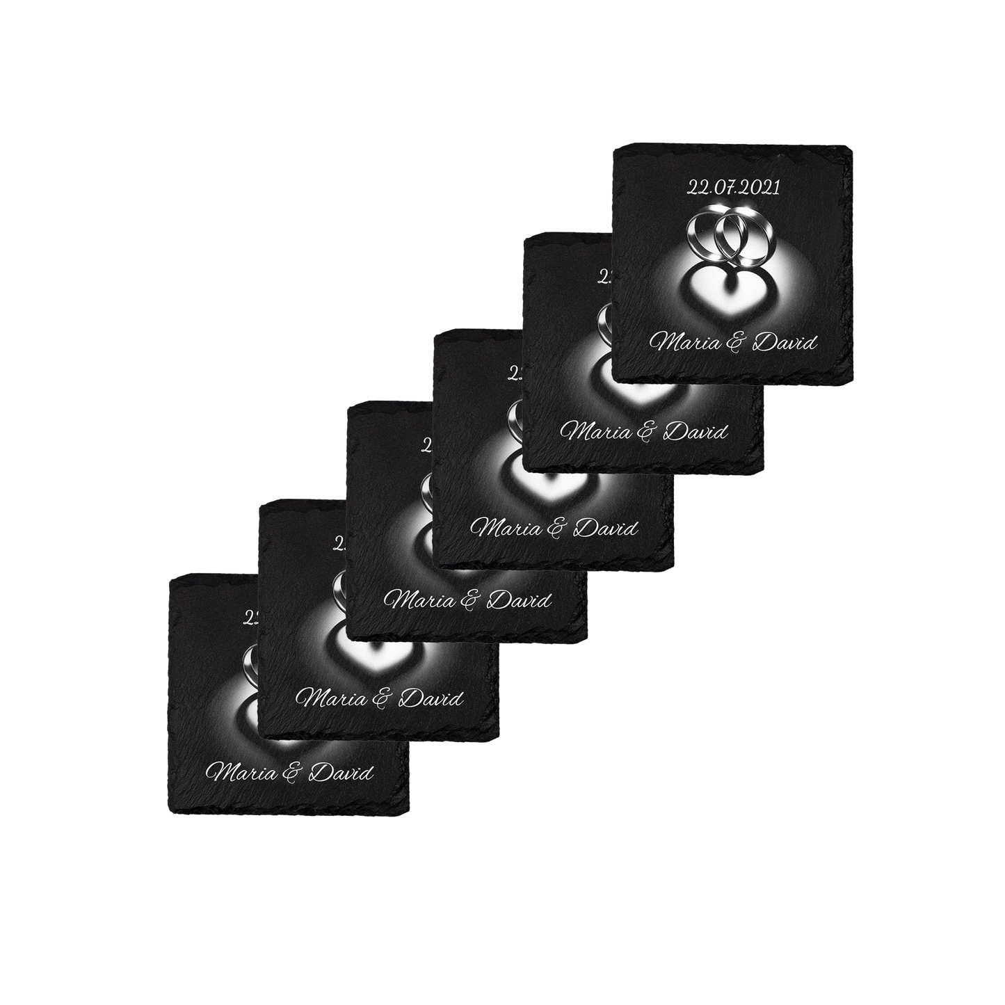 Set coastere patrate din ardezie personalizate - Heart Rings