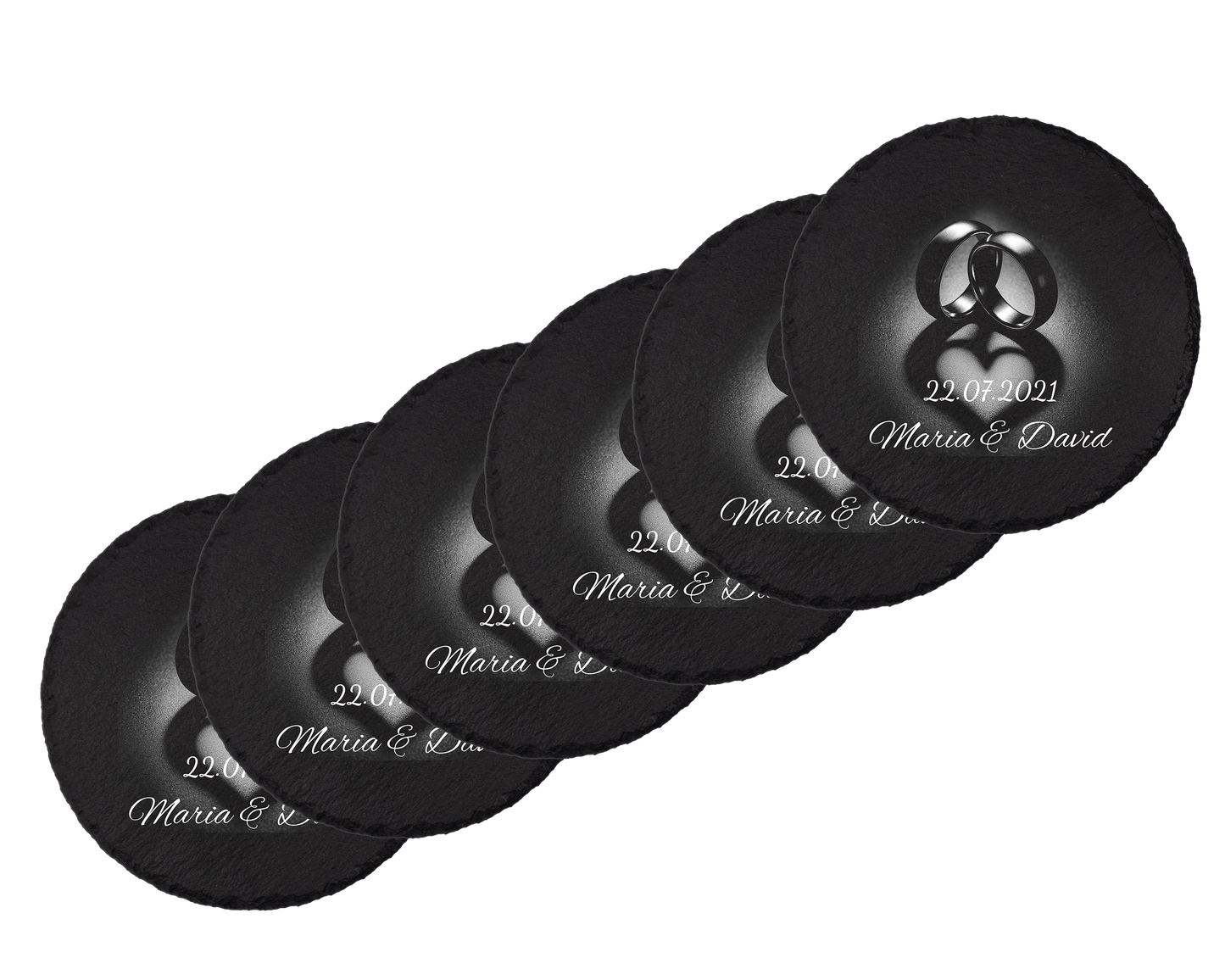 Set coastere rotunde din ardezie personalizate - Heart Rings
