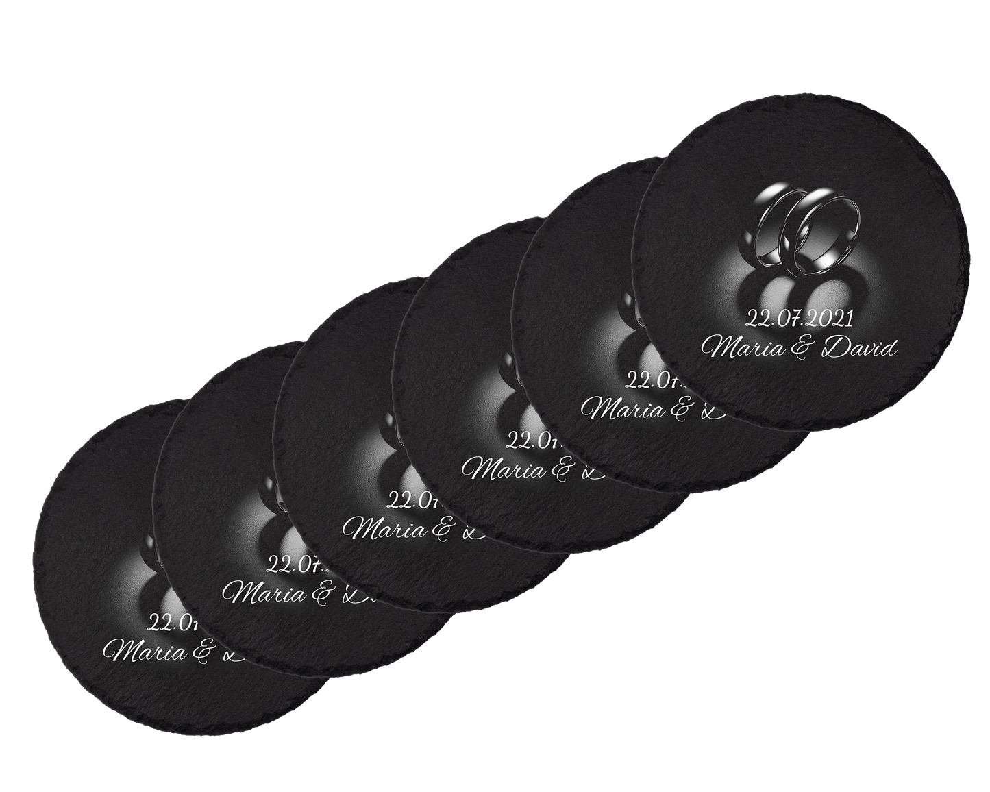 Set coastere rotunde din ardezie personalizate - Heart Rings