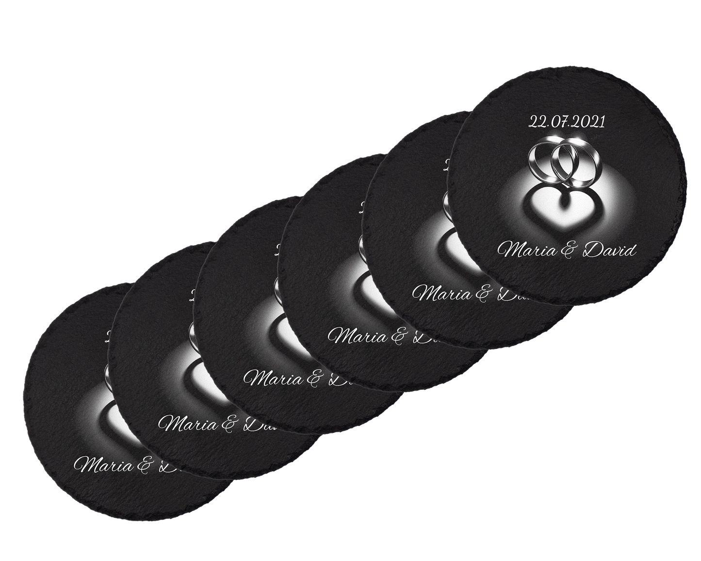 Set coastere rotunde din ardezie personalizate - Heart Rings