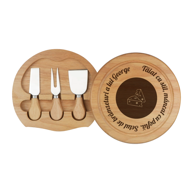 Set pentru branzeturi rotund personalizat cu mesaj Taiat cu stil