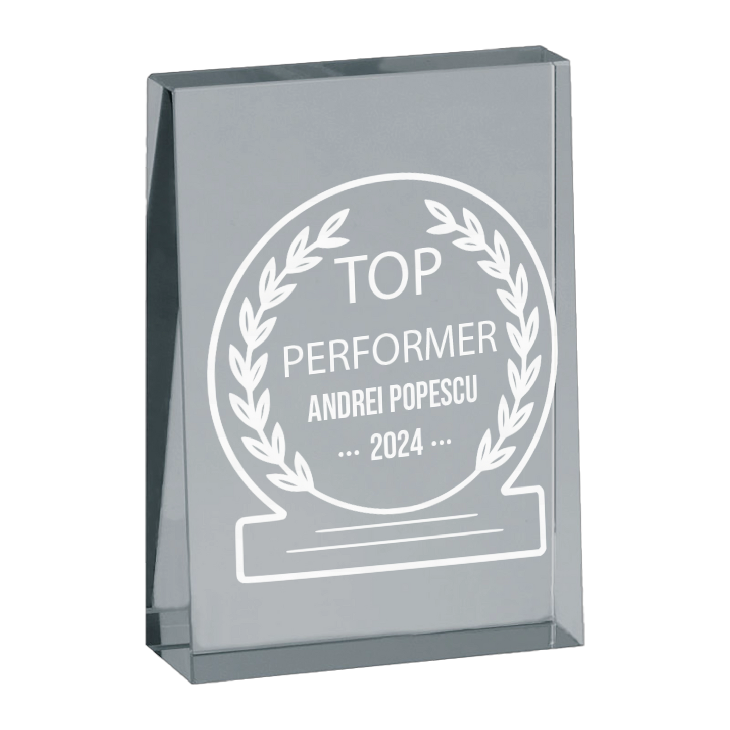 Trofeu din sticla 6,4 × 2 × 9 cm personalizat – Top Performer