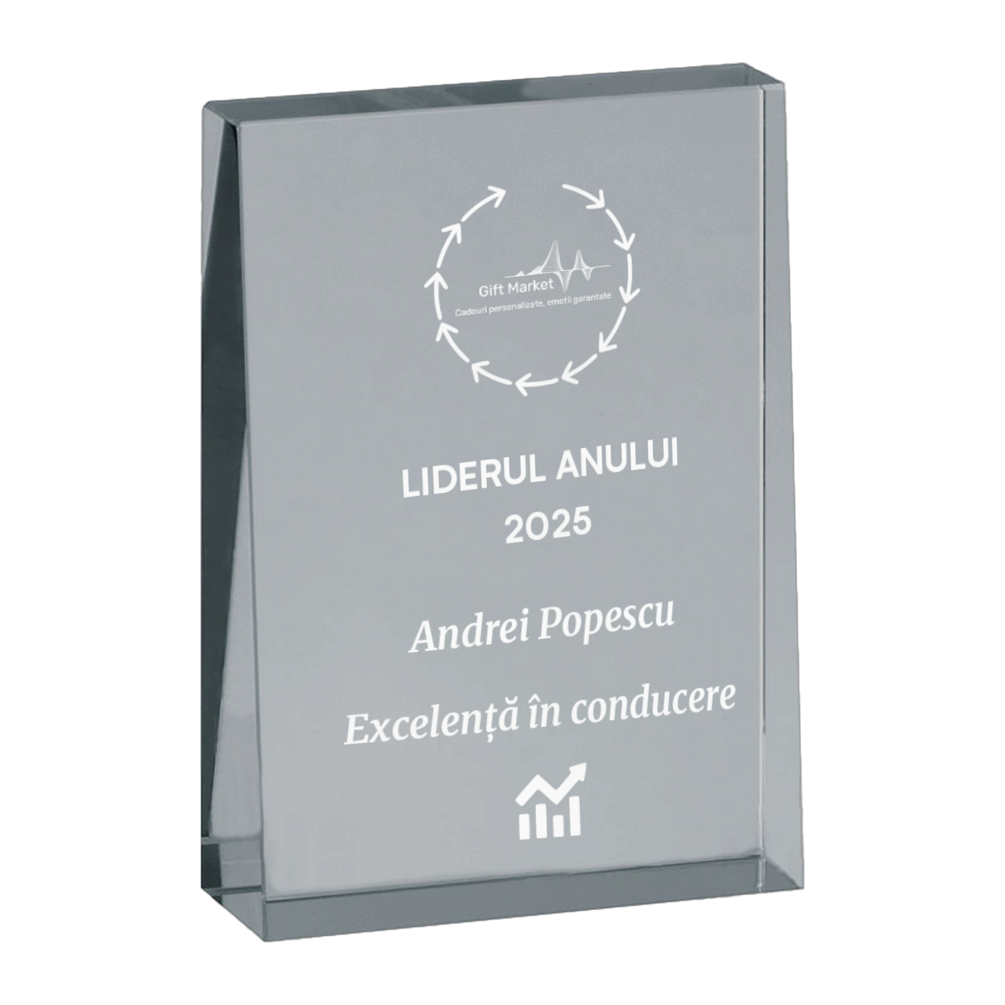 Trofeu din sticla 6,4 × 2 × 9 cm personalizat – Liderul anului