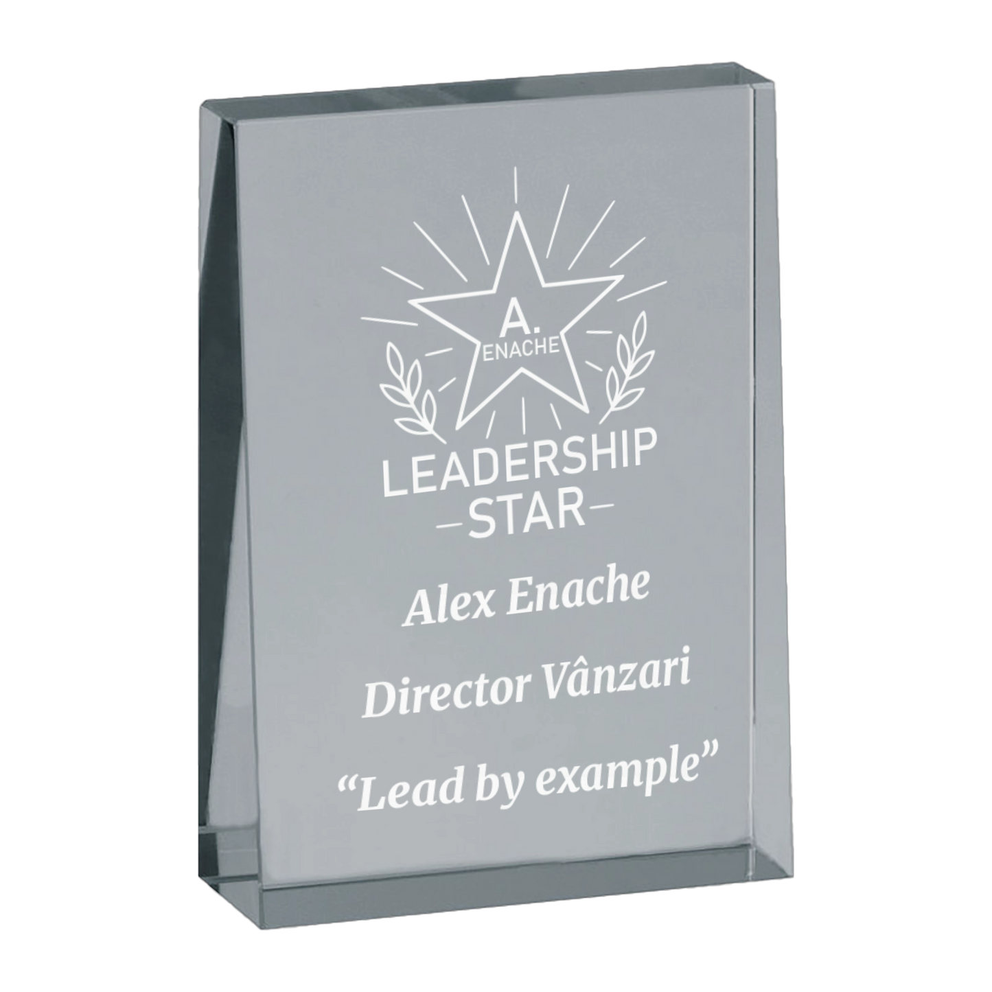Trofeu din sticla 6,4 × 2 × 9 cm personalizat – Leadership Star