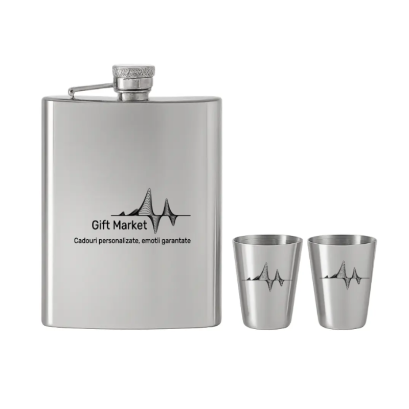 Set Sticla de buzunar + pahare din inox personalizata cu logo-ul companiei