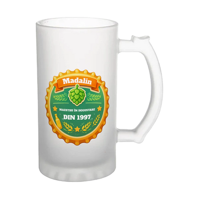 Halba de bere personalizata cu nume – Model emblema