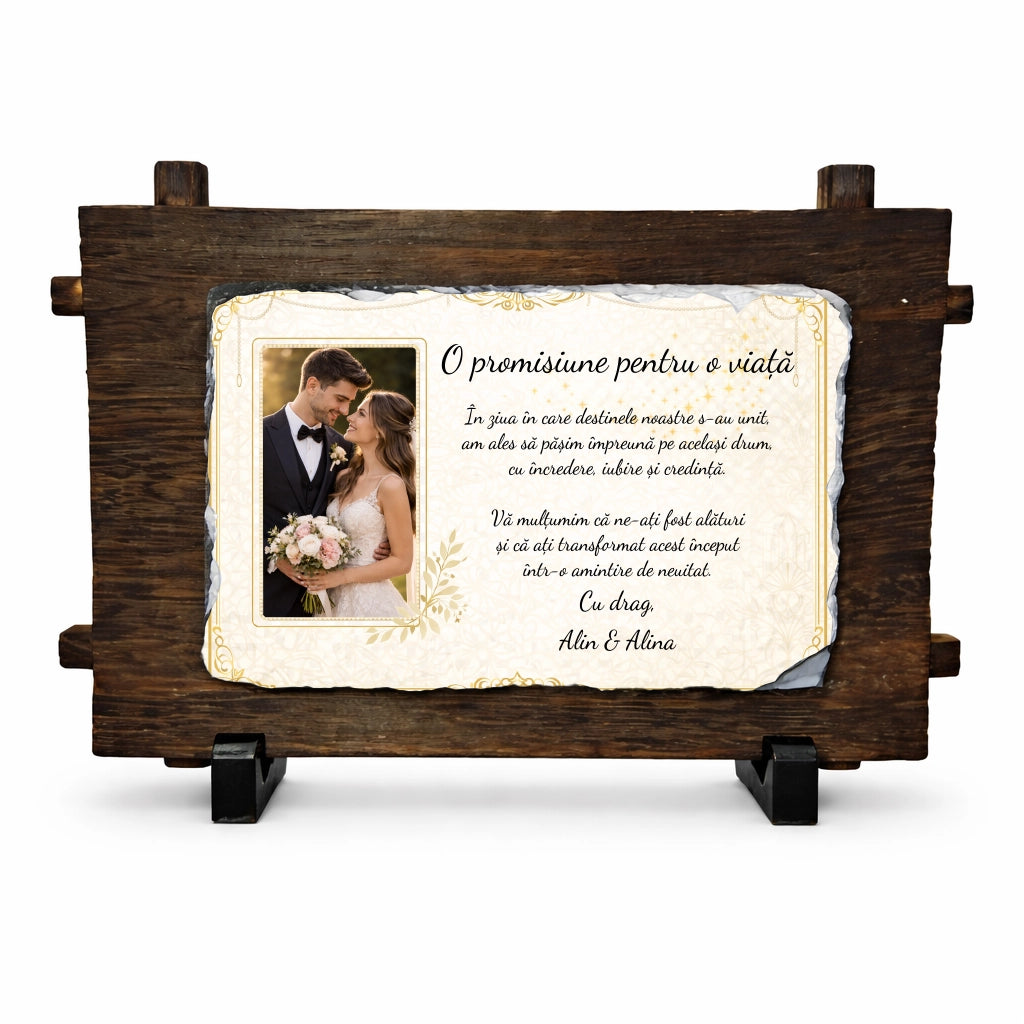 Placa din ardezie cu suport personalizata – Marturie nunta cu mesaj si imagine