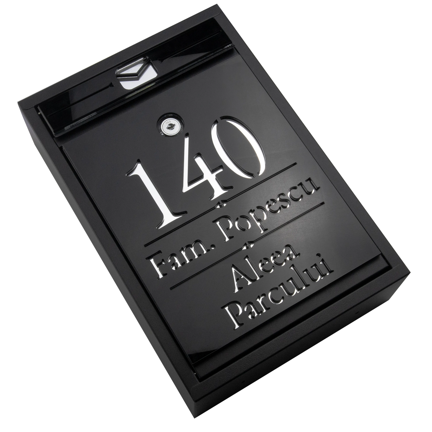 Cutie postala personalizata cu adresa + numele de familie – Negru/Argintiu Oglinda