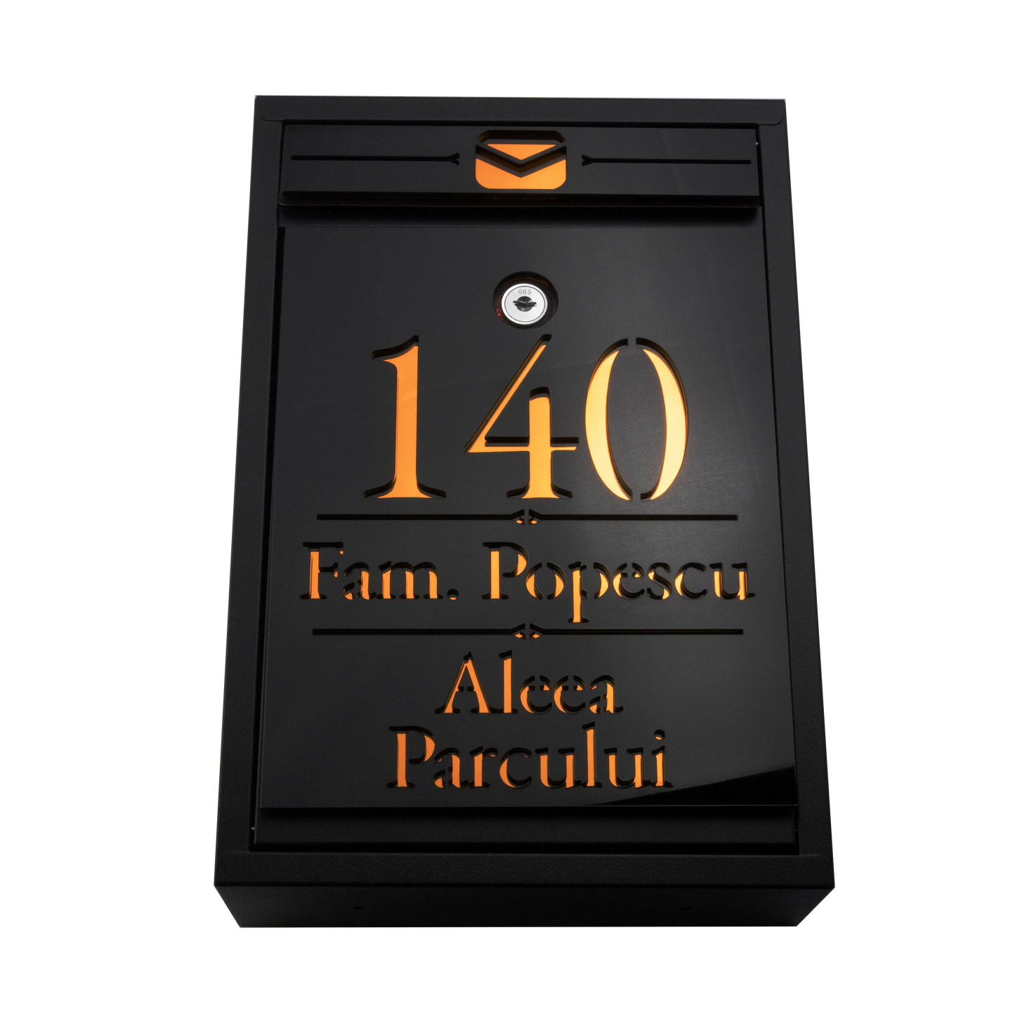 Cutie postala personalizata cu adresa + numele de familie – Negru/Amber Oglinda