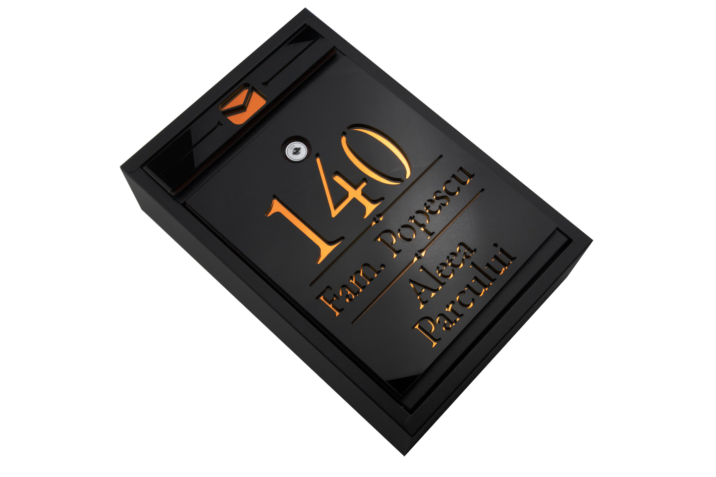 Cutie postala personalizata cu adresa + numele de familie – Negru/Amber Oglinda