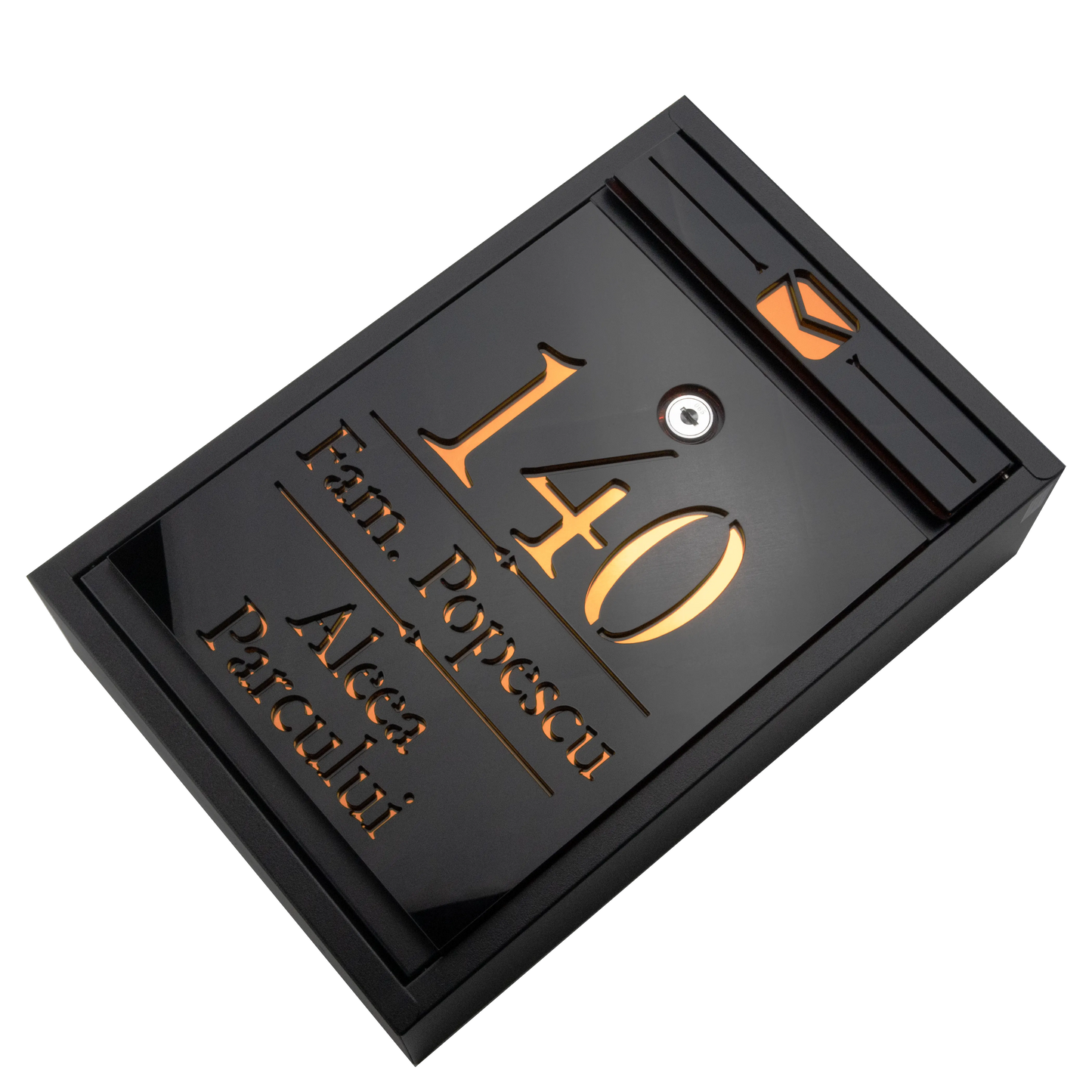 Cutie postala personalizata cu adresa + numele de familie – Negru/Amber Oglinda