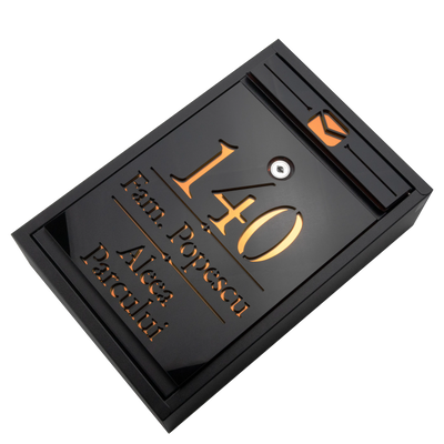 Cutie postala personalizata cu adresa + numele de familie – Negru/Amber Oglinda