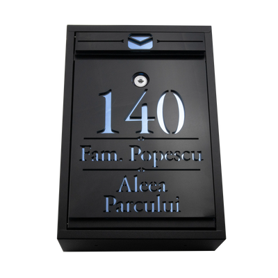 Cutie postala personalizata cu adresa + numele de familie – Negru/Aqua Blue Oglinda