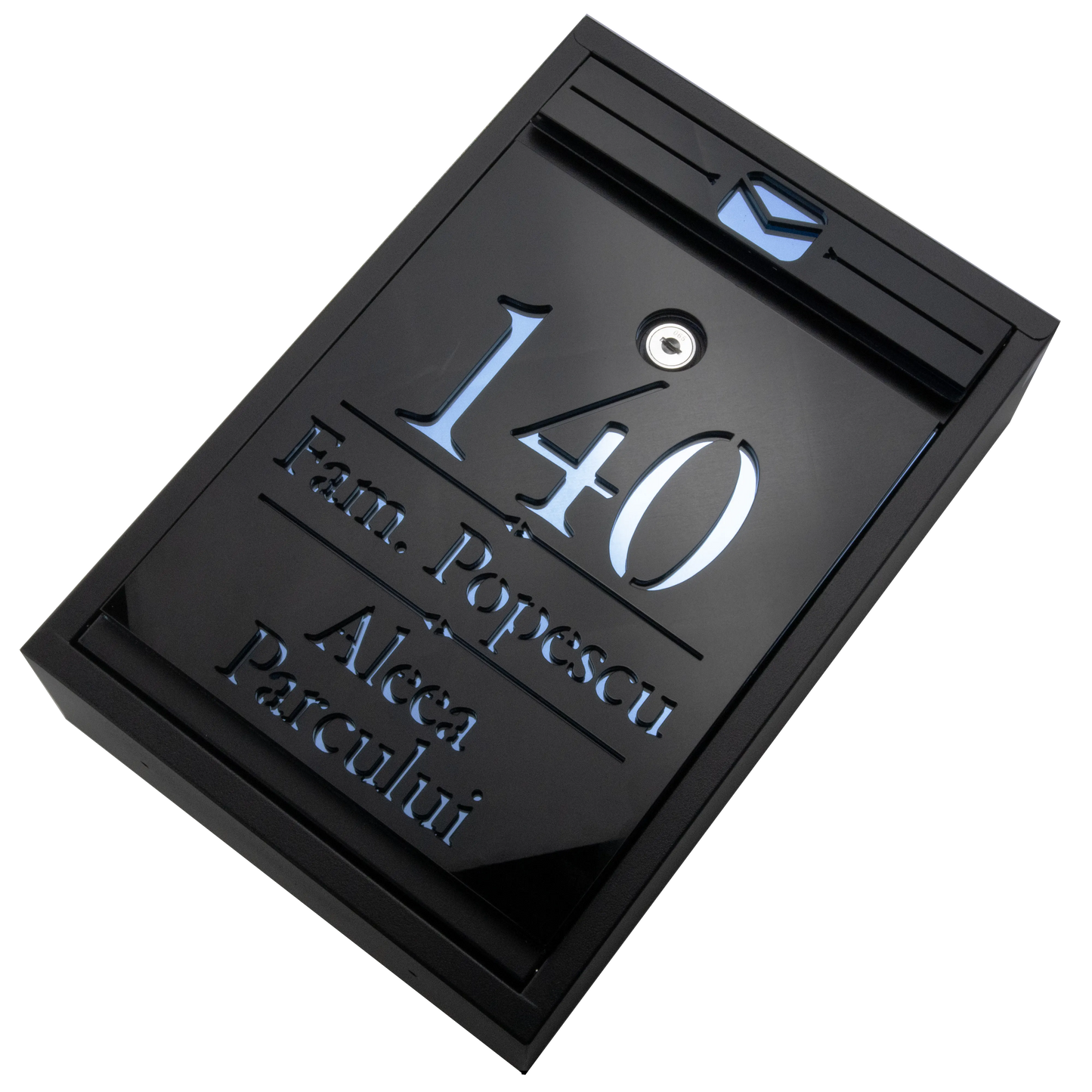 Cutie postala personalizata cu adresa + numele de familie – Negru/Aqua Blue Oglinda