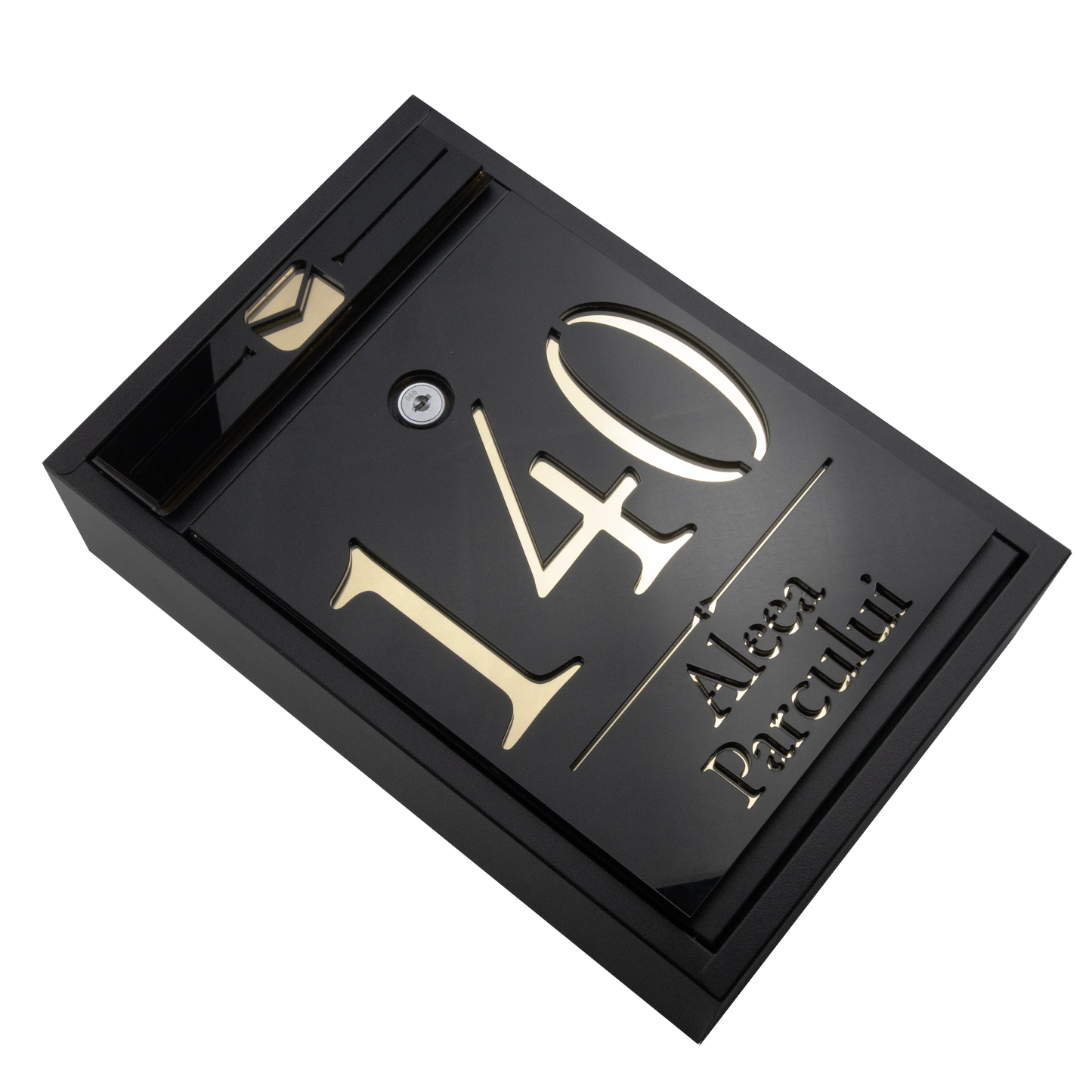 Cutie postala personalizata cu adresa – Negru/Auriu Oglinda