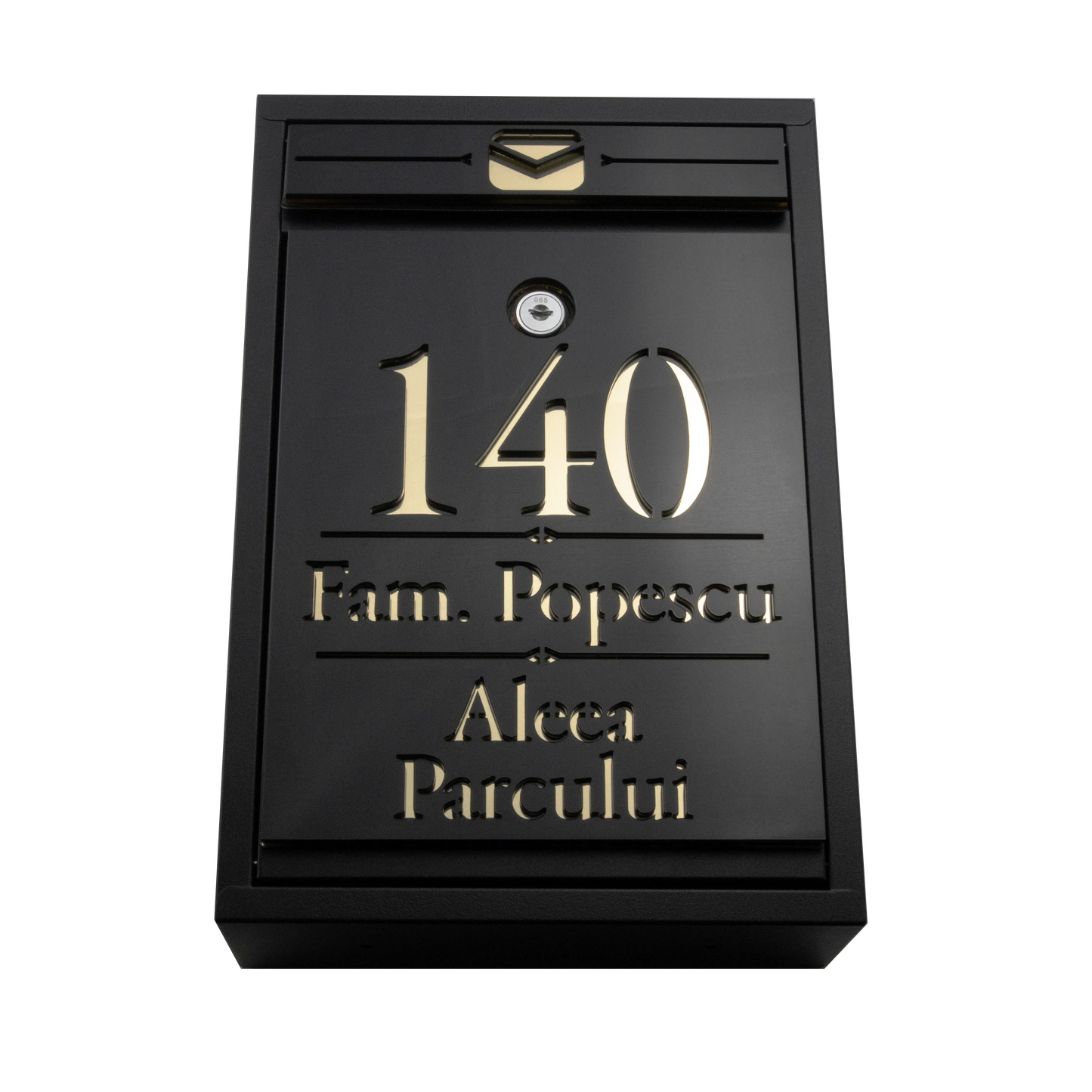 Cutie postala personalizata cu adresa + numele de familie – Negru/Auriu Oglinda