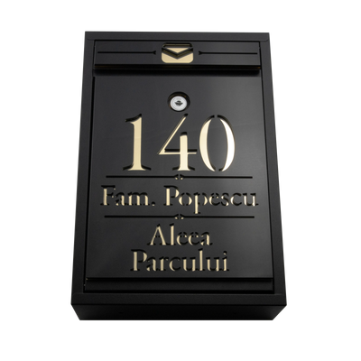 Cutie postala personalizata cu adresa + numele de familie – Negru/Auriu Oglinda