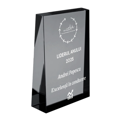 Trofeu din sticla 6,4 × 2 × 9 cm personalizat – Liderul anului