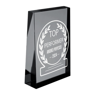Trofeu din sticla 6,4 × 2 × 9 cm personalizat – Top Performer