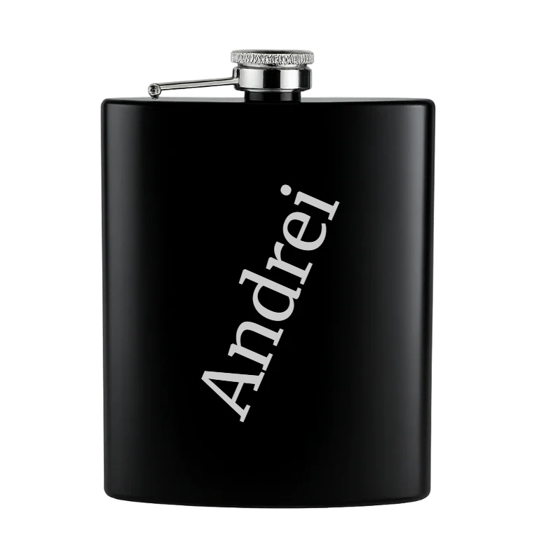 Sticla de buzunar neagra din inox personalizata cu text