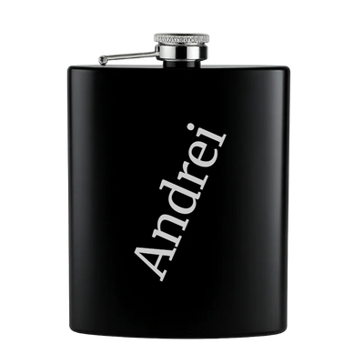 Sticla de buzunar neagra din inox personalizata cu text