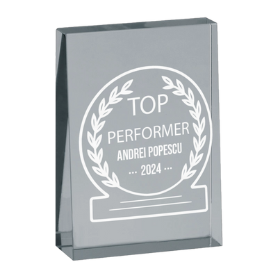 Trofeu din sticla 6,4 × 2 × 9 cm personalizat – Top Performer